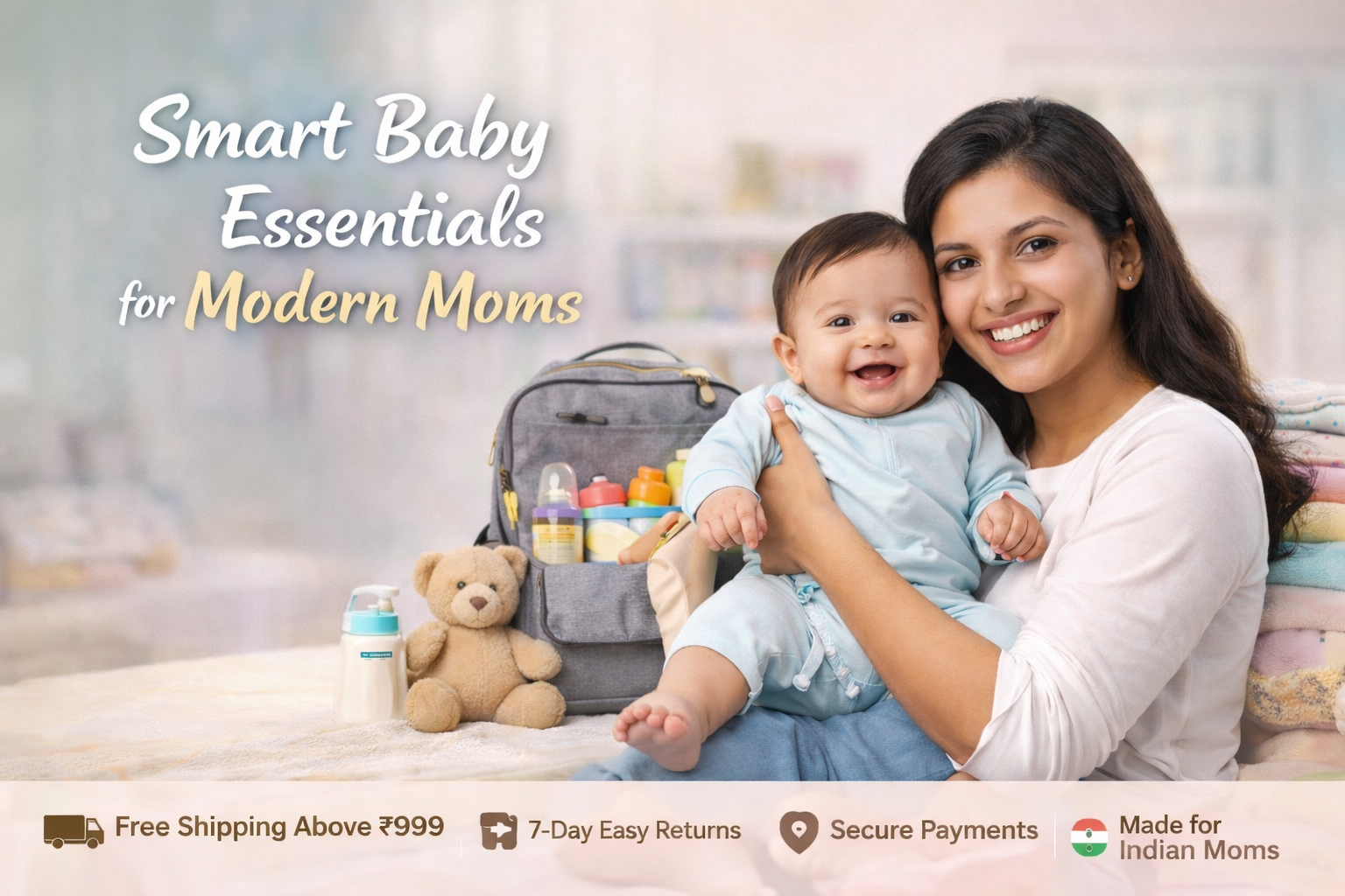 Smart baby essentials for modern moms – mother holding baby with diaper backpack and baby care products